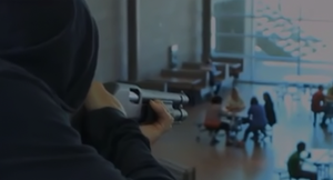 Suspected shooter gazing over a crowded room.