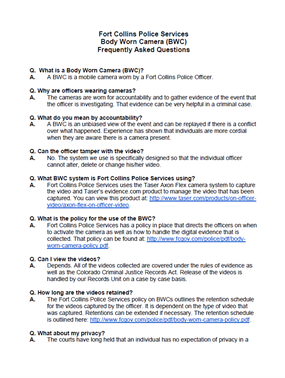 Image for Fort Collins Police Services Body Worn Camera Frequently Asked Questions